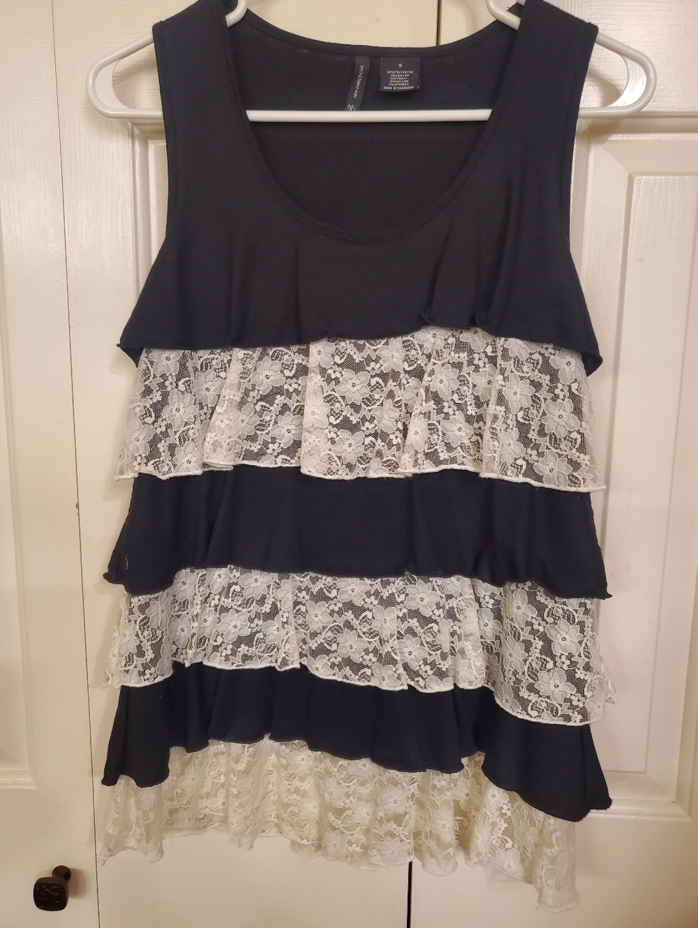 Sleeveless Ruffled Tank- Black Knit  & Ivory Lace Ruffle Layers. Casual Elegance